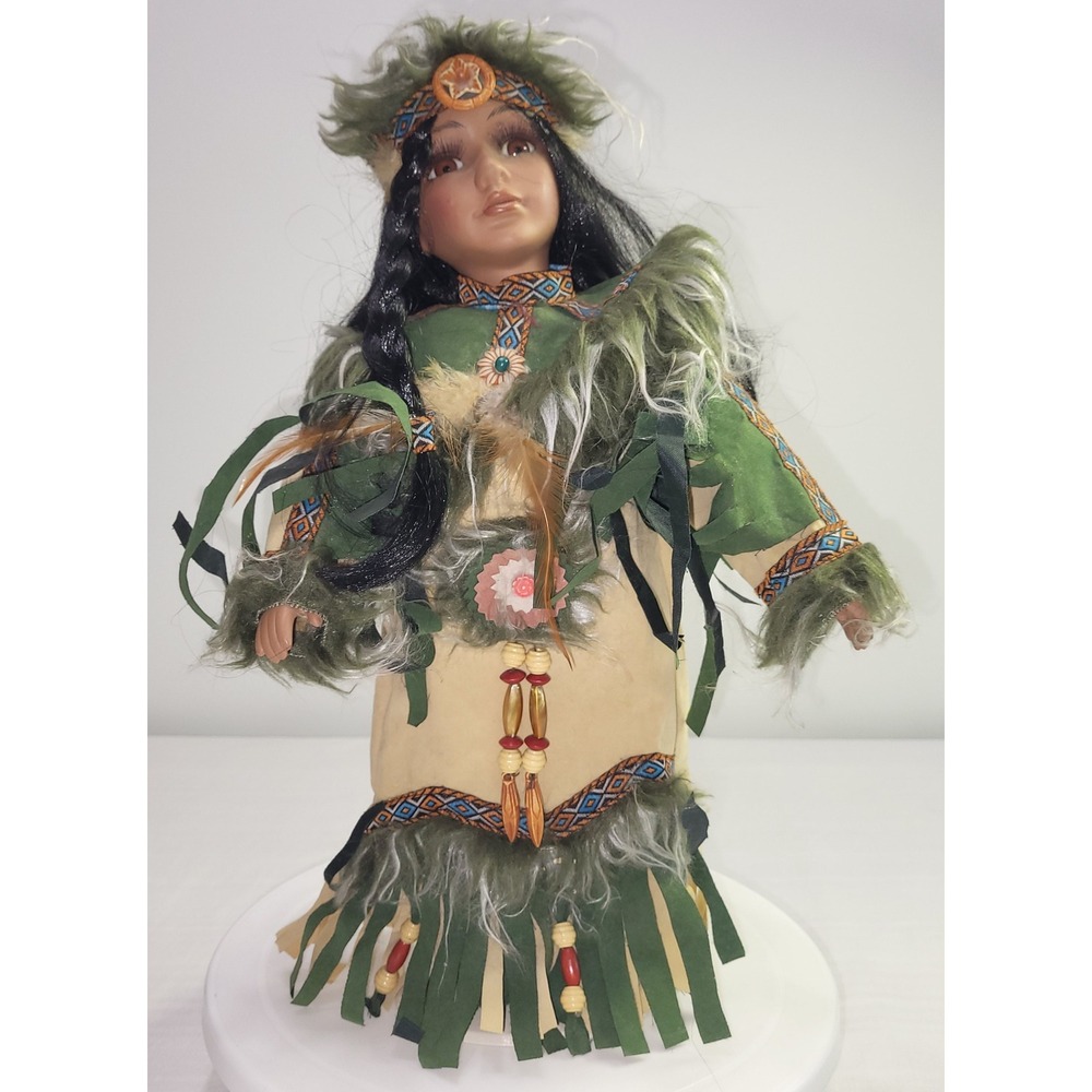 Cathay's Porcelain Doll Native American 250/5000 15" Green Tan Faux Fur Trim